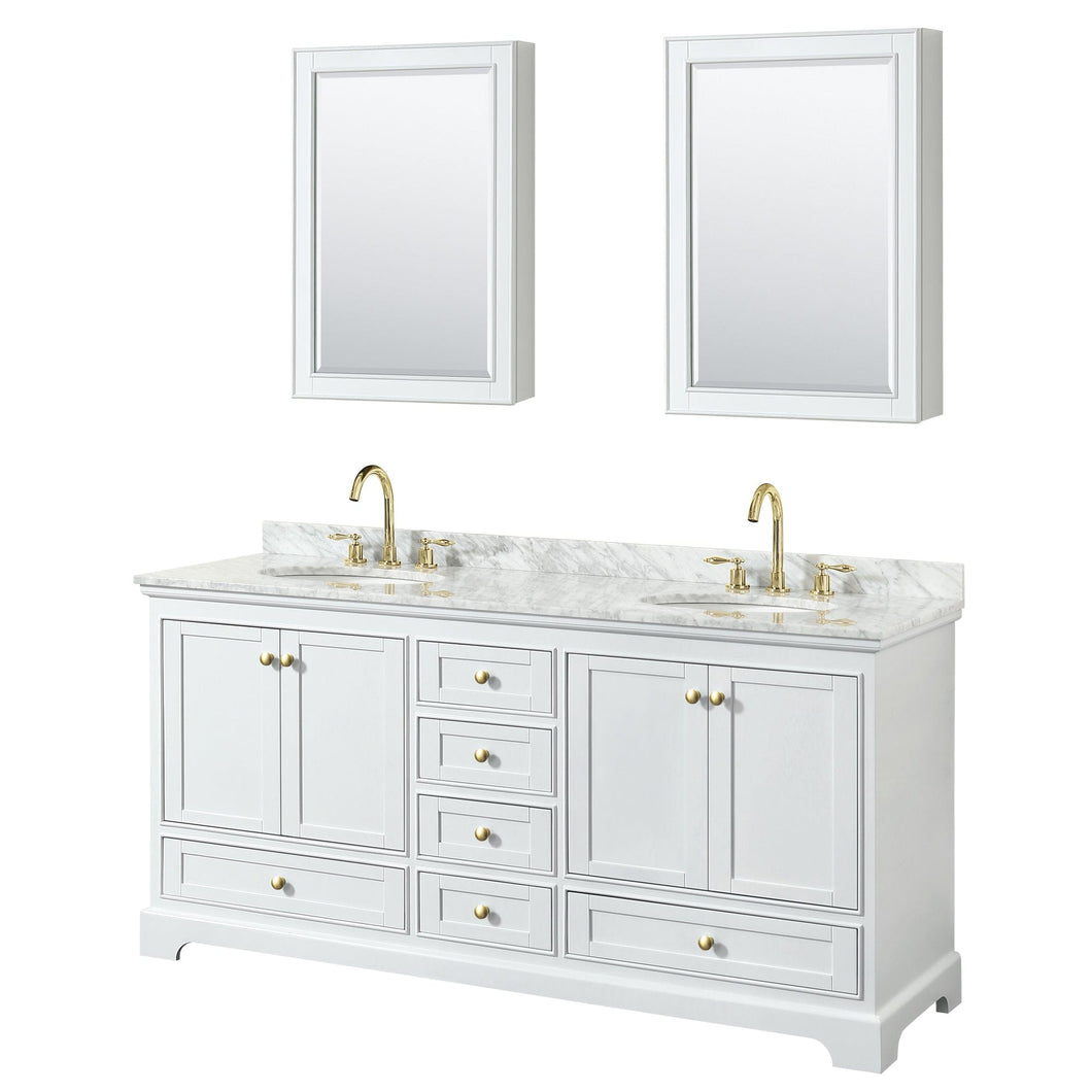 Wyndham Collection WCS202072DWGCMUNOMED Deborah 72 Inch Double Bathroom Vanity in White, White Carrara Marble Countertop, Undermount Oval Sinks, Brushed Gold Trim, Medicine Cabinets