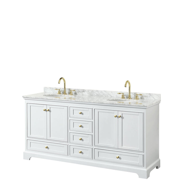 Wyndham Collection WCS202072DWGCMUNOMXX Deborah 72 Inch Double Bathroom Vanity in White, White Carrara Marble Countertop, Undermount Oval Sinks, Brushed Gold Trim, No Mirrors