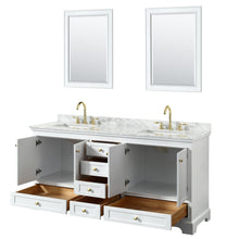 Load image into Gallery viewer, Wyndham Collection WCS202072DWGCMUNSM24 Deborah 72 Inch Double Bathroom Vanity in White, White Carrara Marble Countertop, Undermount Square Sinks, Brushed Gold Trim, 24 Inch Mirrors