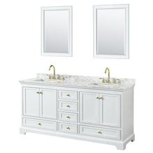Load image into Gallery viewer, Wyndham Collection WCS202072DWGCMUNSM24 Deborah 72 Inch Double Bathroom Vanity in White, White Carrara Marble Countertop, Undermount Square Sinks, Brushed Gold Trim, 24 Inch Mirrors