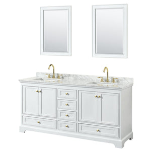 Wyndham Collection WCS202072DWGCMUNSM24 Deborah 72 Inch Double Bathroom Vanity in White, White Carrara Marble Countertop, Undermount Square Sinks, Brushed Gold Trim, 24 Inch Mirrors
