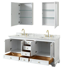 Load image into Gallery viewer, Wyndham Collection WCS202072DWGCMUNSMED Deborah 72 Inch Double Bathroom Vanity in White, White Carrara Marble Countertop, Undermount Square Sinks, Brushed Gold Trim, Medicine Cabinets