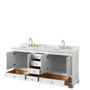 Wyndham Collection WCS202072DWGCMUNSMXX Deborah 72 Inch Double Bathroom Vanity in White, White Carrara Marble Countertop, Undermount Square Sinks, Brushed Gold Trim, No Mirrors