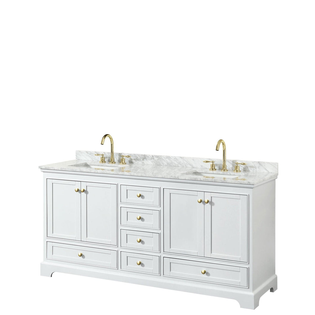 Wyndham Collection WCS202072DWGCMUNSMXX Deborah 72 Inch Double Bathroom Vanity in White, White Carrara Marble Countertop, Undermount Square Sinks, Brushed Gold Trim, No Mirrors