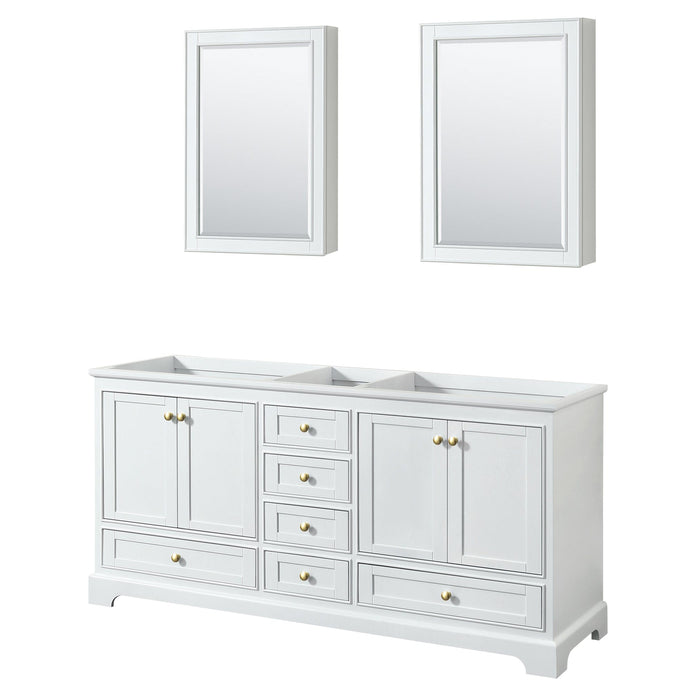 Wyndham Collection WCS202072DWGCXSXXMED Deborah 72 Inch Double Bathroom Vanity in White, No Countertop, No Sinks, Brushed Gold Trim, Medicine Cabinets