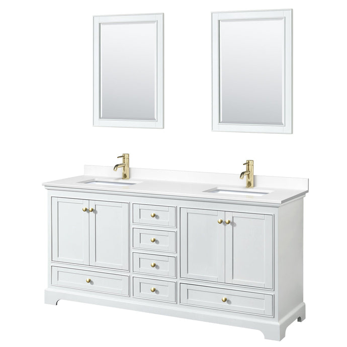 Wyndham Collection WCS202072DWGWCUNSM24 Deborah 72 Inch Double Bathroom Vanity in White, White Cultured Marble Countertop, Undermount Square Sinks, Brushed Gold Trim, 24 Inch Mirrors