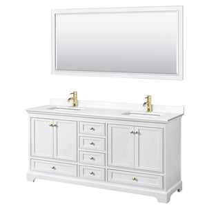 Wyndham Collection WCS202072DWGWCUNSM70 Deborah 72 Inch Double Bathroom Vanity in White, White Cultured Marble Countertop, Undermount Square Sinks, Brushed Gold Trim, 70 Inch Mirror