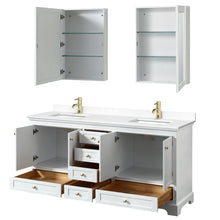 Load image into Gallery viewer, Wyndham Collection WCS202072DWGWCUNSMED Deborah 72 Inch Double Bathroom Vanity in White, White Cultured Marble Countertop, Undermount Square Sinks, Brushed Gold Trim, Medicine Cabinets