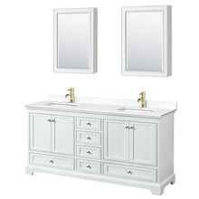 Load image into Gallery viewer, Wyndham Collection WCS202072DWGWCUNSMED Deborah 72 Inch Double Bathroom Vanity in White, White Cultured Marble Countertop, Undermount Square Sinks, Brushed Gold Trim, Medicine Cabinets
