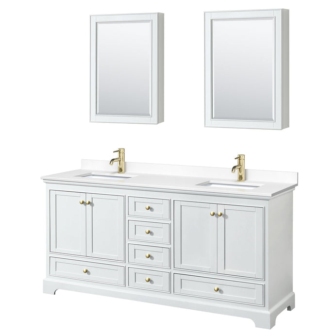 Wyndham Collection WCS202072DWGWCUNSMED Deborah 72 Inch Double Bathroom Vanity in White, White Cultured Marble Countertop, Undermount Square Sinks, Brushed Gold Trim, Medicine Cabinets