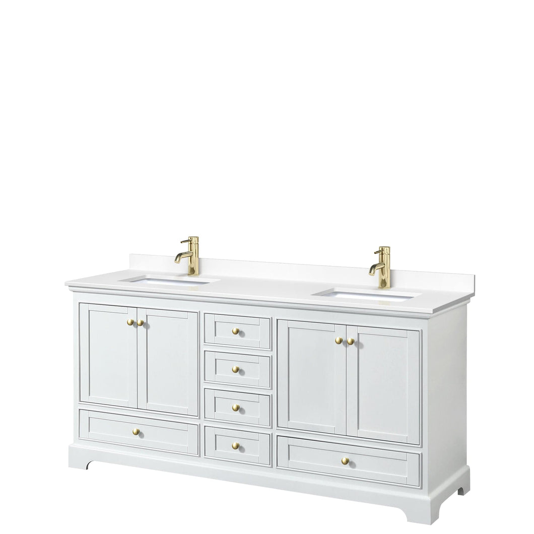 Wyndham Collection WCS202072DWGWCUNSMXX Deborah 72 Inch Double Bathroom Vanity in White, White Cultured Marble Countertop, Undermount Square Sinks, Brushed Gold Trim, No Mirrors