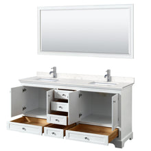 Load image into Gallery viewer, Wyndham Collection WCS202072DWHC2UNSM70 Deborah 72 Inch Double Bathroom Vanity in White, Light-Vein Carrara Cultured Marble Countertop, Undermount Square Sinks, 70 Inch Mirror
