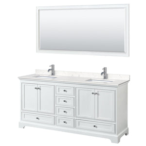 Wyndham Collection WCS202072DWHC2UNSM70 Deborah 72 Inch Double Bathroom Vanity in White, Light-Vein Carrara Cultured Marble Countertop, Undermount Square Sinks, 70 Inch Mirror