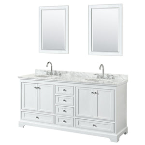Wyndham Collection WCS202072DWHCMUNOM24 Deborah 72 Inch Double Bathroom Vanity in White, White Carrara Marble Countertop, Undermount Oval Sinks, and 24 Inch Mirrors