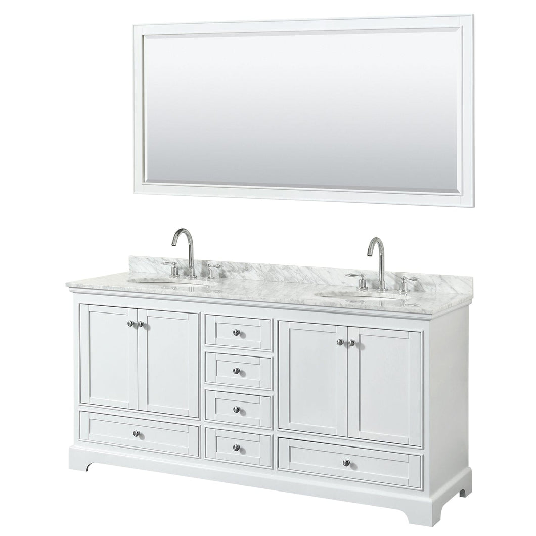 Wyndham Collection WCS202072DWHCMUNOM70 Deborah 72 Inch Double Bathroom Vanity in White, White Carrara Marble Countertop, Undermount Oval Sinks, and 70 Inch Mirror