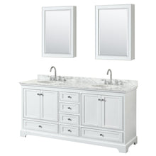 Load image into Gallery viewer, Wyndham Collection WCS202072DWHCMUNOMED Deborah 72 Inch Double Bathroom Vanity in White, White Carrara Marble Countertop, Undermount Oval Sinks, and Medicine Cabinets