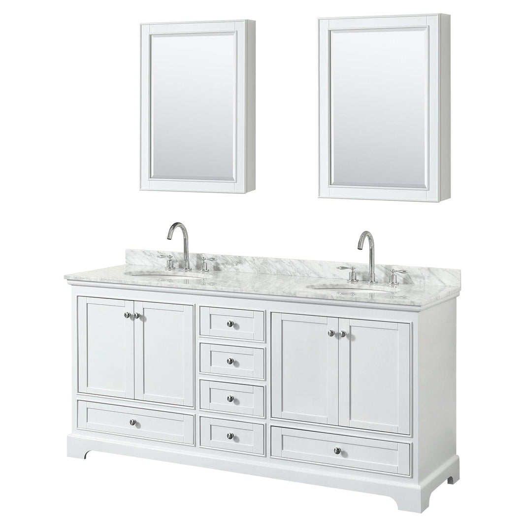 Wyndham Collection WCS202072DWHCMUNSM70 Deborah 72 Inch Double Bathroom Vanity in White, White Carrara Marble Countertop, Undermount Square Sinks, and 70 Inch Mirror