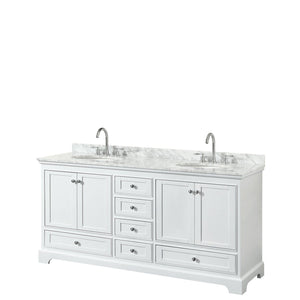 Wyndham Collection WCS202072DWHCMUNOMXX Deborah 72 Inch Double Bathroom Vanity in White, White Carrara Marble Countertop, Undermount Oval Sinks, and No Mirrors