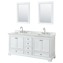 Load image into Gallery viewer, Wyndham Collection WCS202072DWHCMUNSM24 Deborah 72 Inch Double Bathroom Vanity in White, White Carrara Marble Countertop, Undermount Square Sinks, and 24 Inch Mirrors