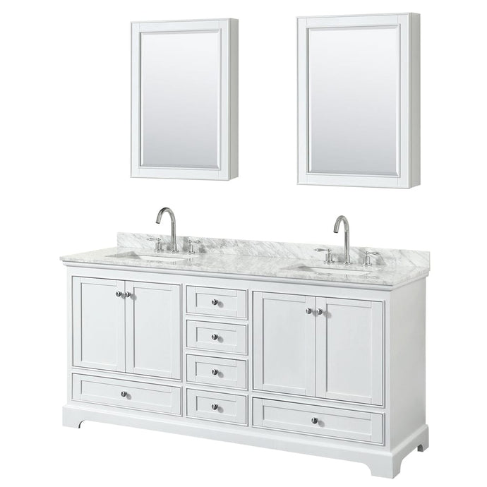 Wyndham Collection WCS202072DWHCMUNSMED Deborah 72 Inch Double Bathroom Vanity in White, White Carrara Marble Countertop, Undermount Square Sinks, and Medicine Cabinets