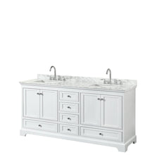 Load image into Gallery viewer, Wyndham Collection WCS202072DWHCMUNSMXX Deborah 72 Inch Double Bathroom Vanity in White, White Carrara Marble Countertop, Undermount Square Sinks, and No Mirror