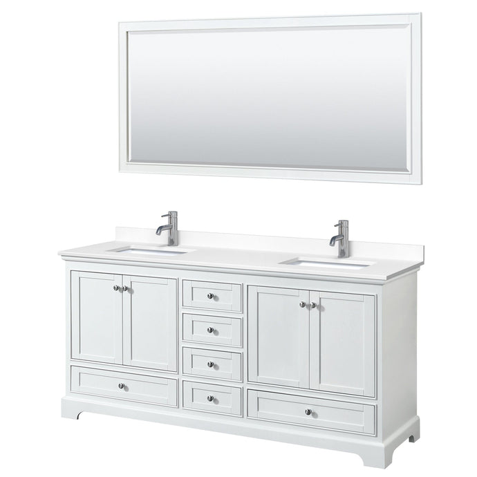 Wyndham Collection WCS202072DWHWCUNSM70 Deborah 72 Inch Double Bathroom Vanity in White, White Cultured Marble Countertop, Undermount Square Sinks, 70 Inch Mirror