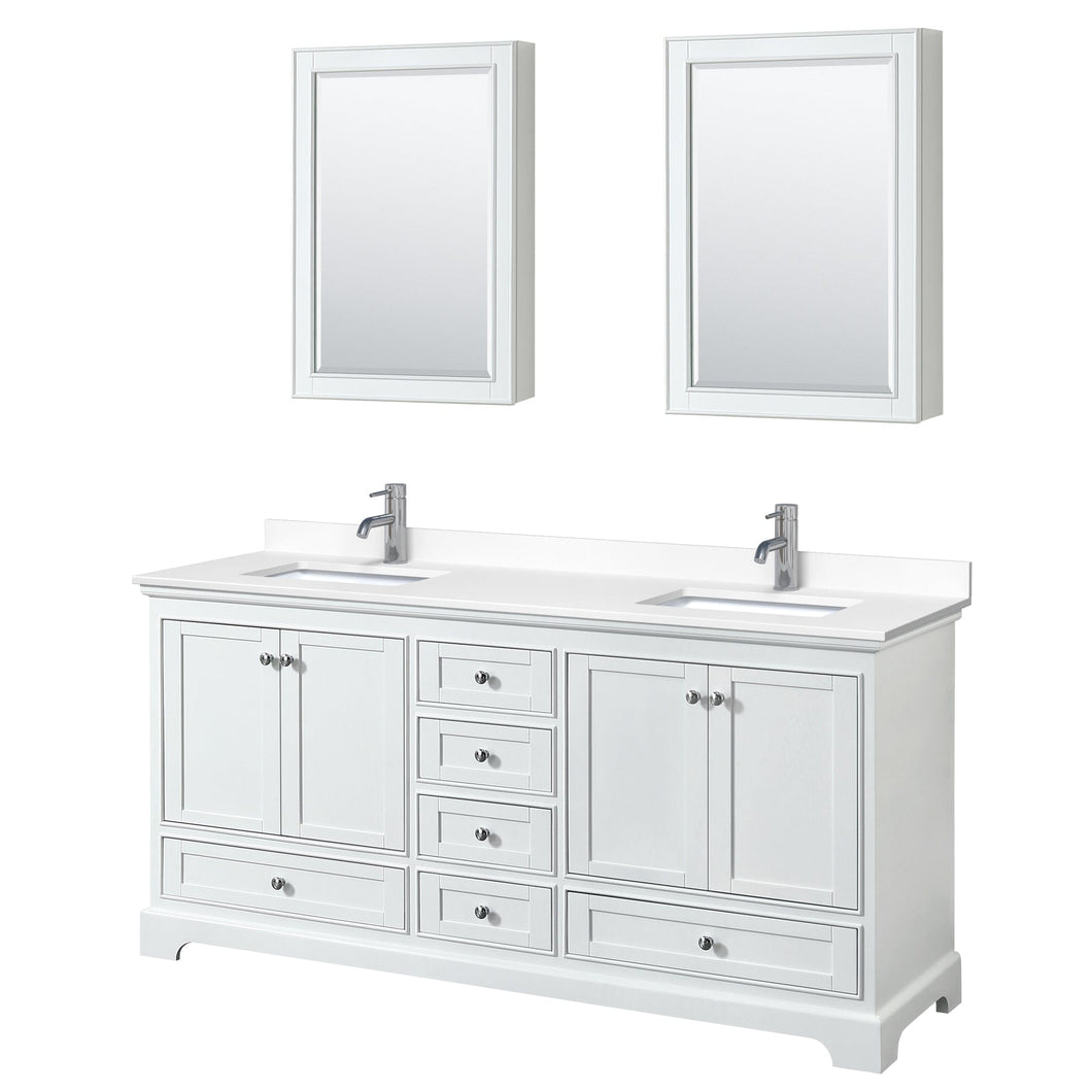Wyndham Collection WCS202072DWHWCUNSMED Deborah 72 Inch Double Bathroom Vanity in White, White Cultured Marble Countertop, Undermount Square Sinks, Medicine Cabinets