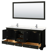 Load image into Gallery viewer, Wyndham Collection WCS202080DDEC2UNSM70 Deborah 80 Inch Double Bathroom Vanity in Dark Espresso, Light-Vein Carrara Cultured Marble Countertop, Undermount Square Sinks, 70 Inch Mirror