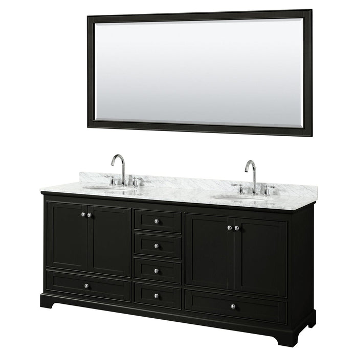 Wyndham Collection WCS202080DDECMUNOM70 Deborah 80 Inch Double Bathroom Vanity in Dark Espresso, White Carrara Marble Countertop, Undermount Oval Sinks, and 70 Inch Mirror