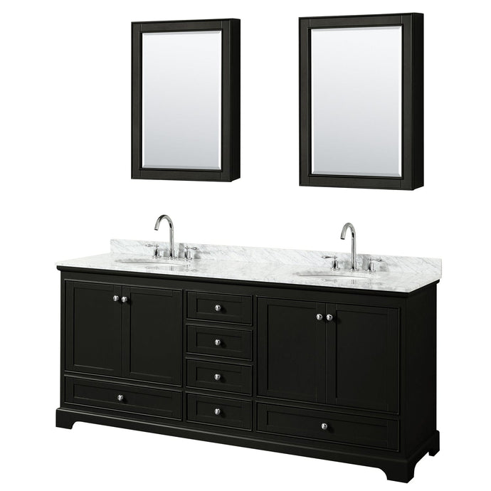 Wyndham Collection WCS202080DDECMUNOMED Deborah 80 Inch Double Bathroom Vanity in Dark Espresso, White Carrara Marble Countertop, Undermount Oval Sinks, and Medicine Cabinets