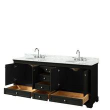 Load image into Gallery viewer, Wyndham Collection WCS202080DDECMUNOMXX Deborah 80 Inch Double Bathroom Vanity in Dark Espresso, White Carrara Marble Countertop, Undermount Oval Sinks, and No Mirrors