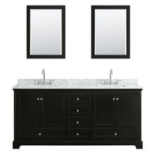 Load image into Gallery viewer, Wyndham Collection WCS202080DDECMUNSMED Deborah 80 Inch Double Bathroom Vanity in Dark Espresso, White Carrara Marble Countertop, Undermount Square Sinks, and Medicine Cabinets