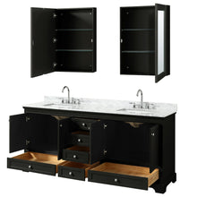 Load image into Gallery viewer, Wyndham Collection WCS202080DDECMUNSMED Deborah 80 Inch Double Bathroom Vanity in Dark Espresso, White Carrara Marble Countertop, Undermount Square Sinks, and Medicine Cabinets