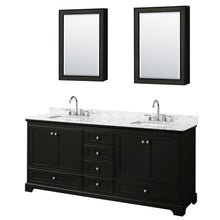 Load image into Gallery viewer, Wyndham Collection WCS202080DDECMUNSMED Deborah 80 Inch Double Bathroom Vanity in Dark Espresso, White Carrara Marble Countertop, Undermount Square Sinks, and Medicine Cabinets