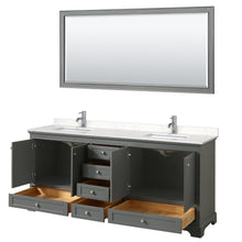 Load image into Gallery viewer, Wyndham Collection WCS202080DKGC2UNSM70 Deborah 80 Inch Double Bathroom Vanity in Dark Gray, Light-Vein Carrara Cultured Marble Countertop, Undermount Square Sinks, 70 Inch Mirror