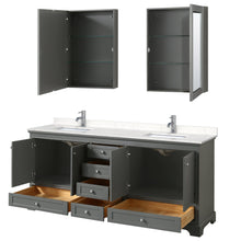 Load image into Gallery viewer, Wyndham Collection WCS202080DKGC2UNSMED Deborah 80 Inch Double Bathroom Vanity in Dark Gray, Light-Vein Carrara Cultured Marble Countertop, Undermount Square Sinks, Medicine Cabinets
