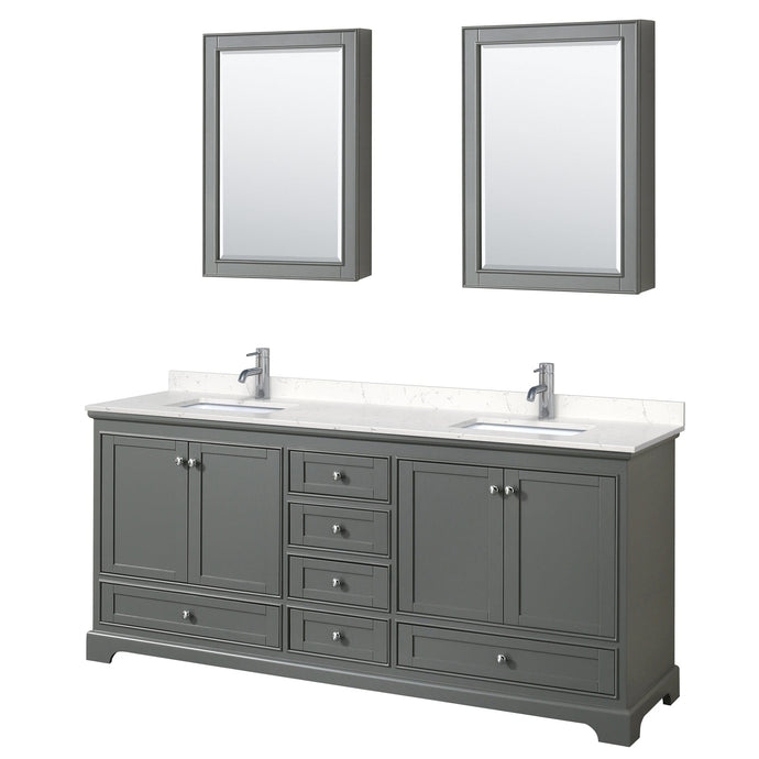 Wyndham Collection WCS202080DKGC2UNSMED Deborah 80 Inch Double Bathroom Vanity in Dark Gray, Light-Vein Carrara Cultured Marble Countertop, Undermount Square Sinks, Medicine Cabinets