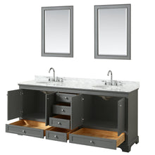 Load image into Gallery viewer, Wyndham Collection WCS202080DKGCMUNOM24 Deborah 80 Inch Double Bathroom Vanity in Dark Gray, White Carrara Marble Countertop, Undermount Oval Sinks, and 24 Inch Mirrors