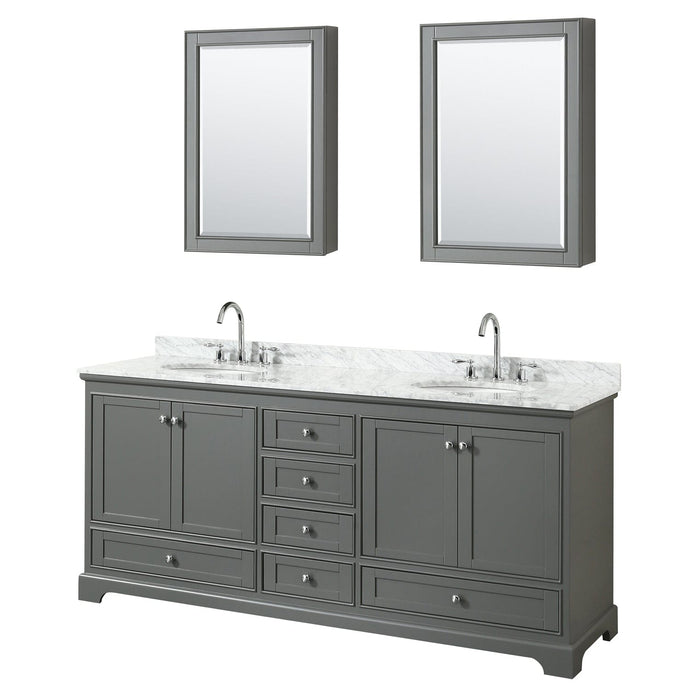 Wyndham Collection WCS202080DKGCMUNOMED Deborah 80 Inch Double Bathroom Vanity in Dark Gray, White Carrara Marble Countertop, Undermount Oval Sinks, and Medicine Cabinets