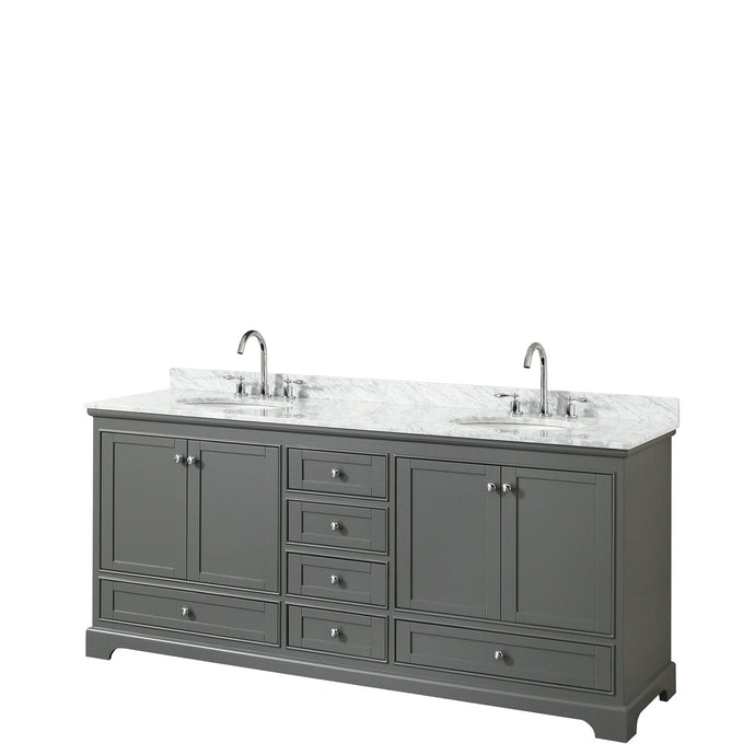 Wyndham Collection WCS202080DKGCMUNOMXX Deborah 80 Inch Double Bathroom Vanity in Dark Gray, White Carrara Marble Countertop, Undermount Oval Sinks, and No Mirrors