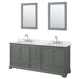 Wyndham Collection WCS202080DKGCMUNSM24 Deborah 80 Inch Double Bathroom Vanity in Dark Gray, White Carrara Marble Countertop, Undermount Square Sinks, and 24 Inch Mirrors