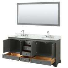 Load image into Gallery viewer, Wyndham Collection WCS202080DKGCMUNSM70 Deborah 80 Inch Double Bathroom Vanity in Dark Gray, White Carrara Marble Countertop, Undermount Square Sinks, and 70 Inch Mirror