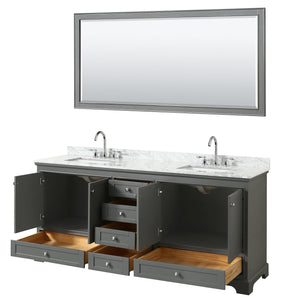 Wyndham Collection WCS202080DKGCMUNSM70 Deborah 80 Inch Double Bathroom Vanity in Dark Gray, White Carrara Marble Countertop, Undermount Square Sinks, and 70 Inch Mirror