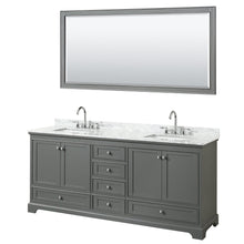 Load image into Gallery viewer, Wyndham Collection WCS202080DKGCMUNSM70 Deborah 80 Inch Double Bathroom Vanity in Dark Gray, White Carrara Marble Countertop, Undermount Square Sinks, and 70 Inch Mirror