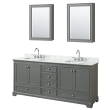 Load image into Gallery viewer, Wyndham Collection WCS202080DKGCMUNSMED Deborah 80 Inch Double Bathroom Vanity in Dark Gray, White Carrara Marble Countertop, Undermount Square Sinks, and Medicine Cabinets
