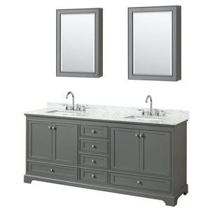 Wyndham Collection WCS202080DKGCMUNSMED Deborah 80 Inch Double Bathroom Vanity in Dark Gray, White Carrara Marble Countertop, Undermount Square Sinks, and Medicine Cabinets