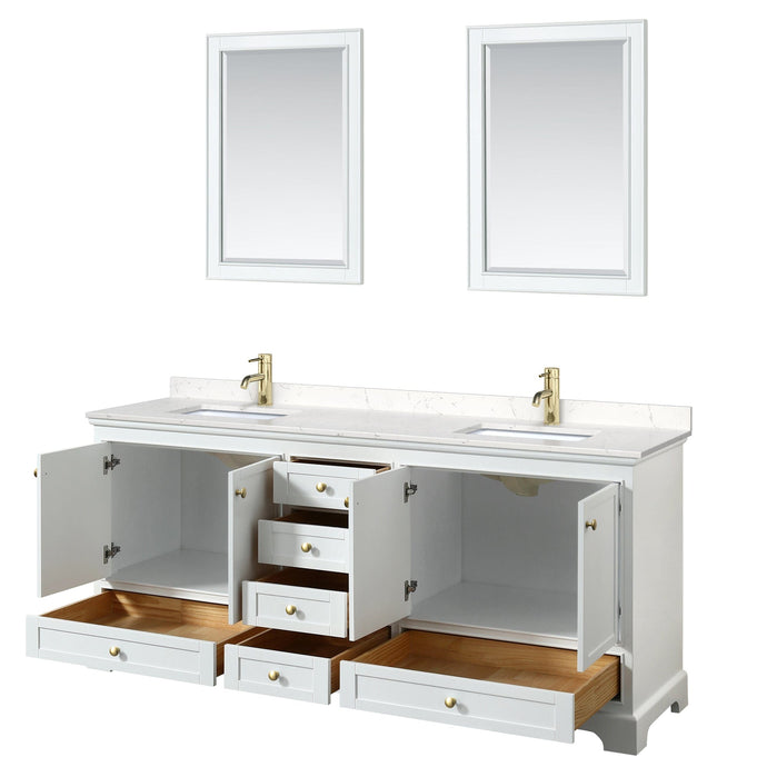 Wyndham Collection WCS202080DWGC2UNSM24 Deborah 80 Inch Double Bathroom Vanity in White, Carrara Cultured Marble Countertop, Undermount Square Sinks, Brushed Gold Trim, 24 Inch Mirrors