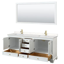 Load image into Gallery viewer, Wyndham Collection WCS202080DWGC2UNSM70 Deborah 80 Inch Double Bathroom Vanity in White, Carrara Cultured Marble Countertop, Undermount Square Sinks, Brushed Gold Trim, 70 Inch Mirror