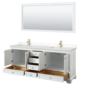 Wyndham Collection WCS202080DWGC2UNSM70 Deborah 80 Inch Double Bathroom Vanity in White, Carrara Cultured Marble Countertop, Undermount Square Sinks, Brushed Gold Trim, 70 Inch Mirror
