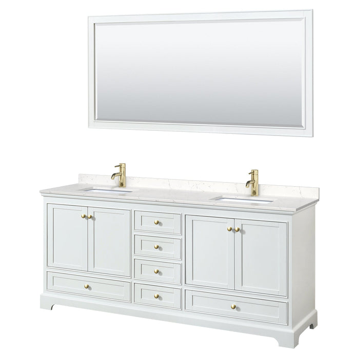 Wyndham Collection WCS202080DWGC2UNSM70 Deborah 80 Inch Double Bathroom Vanity in White, Carrara Cultured Marble Countertop, Undermount Square Sinks, Brushed Gold Trim, 70 Inch Mirror